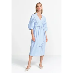 Cotton midi dress with puff sl