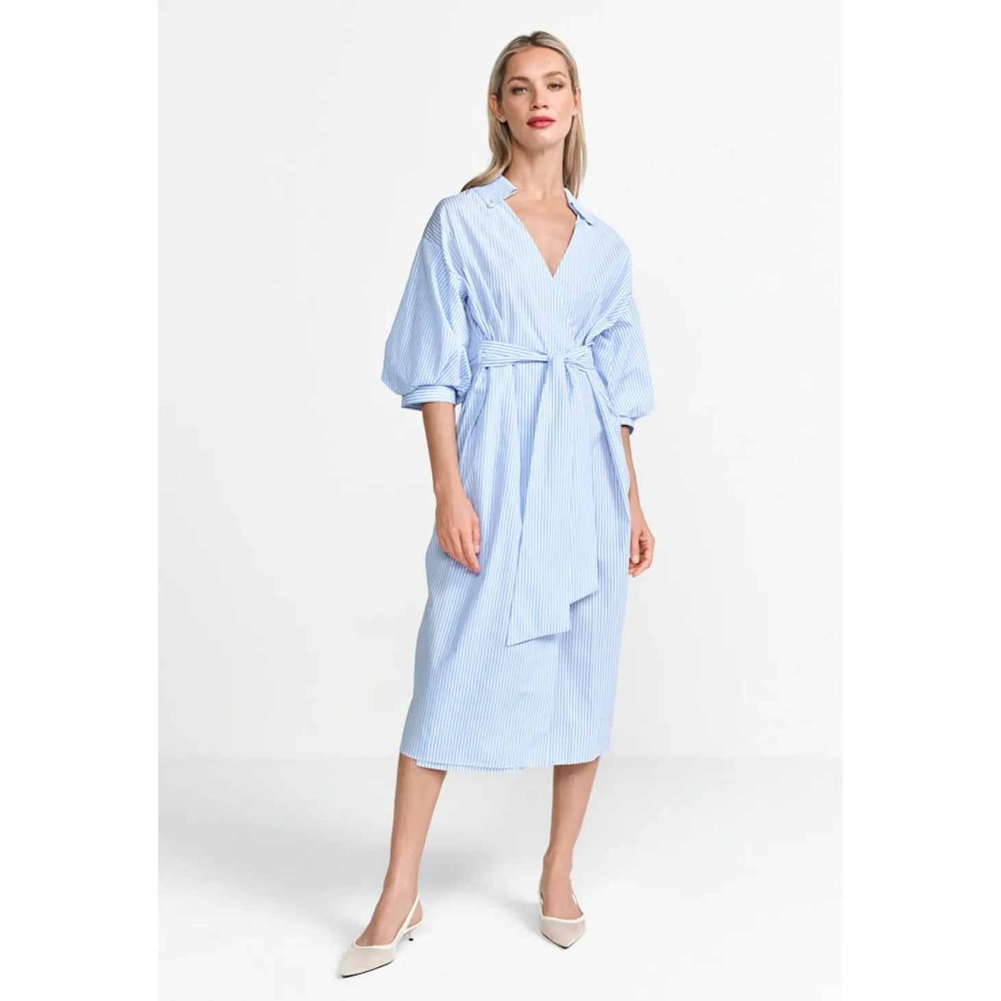 Cotton midi dress with puff sl
