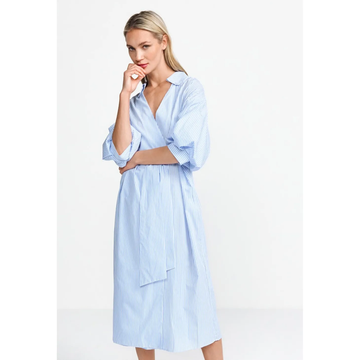 Cotton midi dress with puff sl